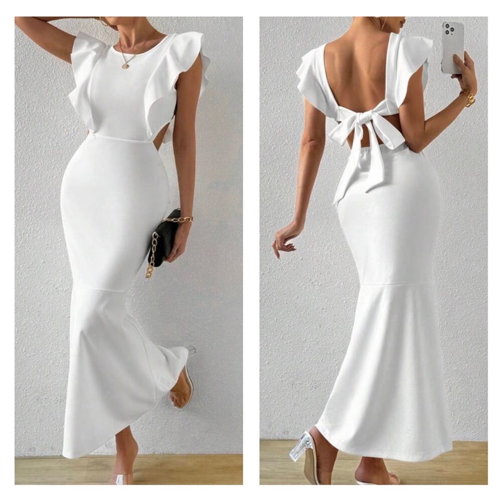 White Ruffle Sleeve Maxi Semi-Backless Dress